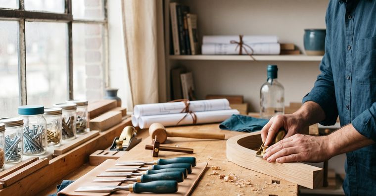 Manos trabajando en un pequeño taller artesanal