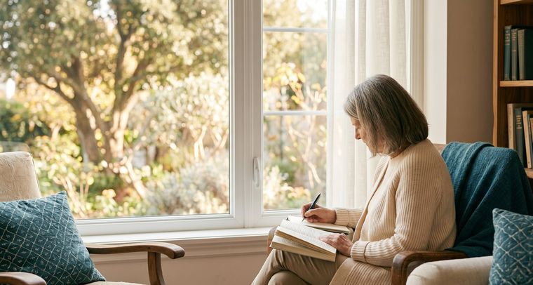 Una persona mayor escribiendo con calma junto a una ventana